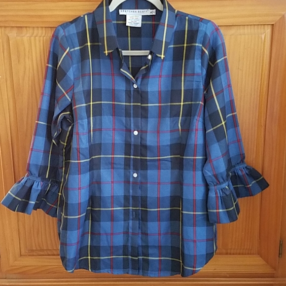 Gretchen Scott Designs Tops - GRETCHEN SCOTT Plaid Blouse Ruffle Sleeve